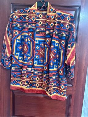 Lucky Brand Silk Geometric Print Top in Red, Blue & Gold 💯 SILK
